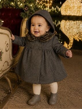 Natalys Fanelie Girls Gray‎ Sparkle Hooded Coat Faux Fur Trim 9 Months